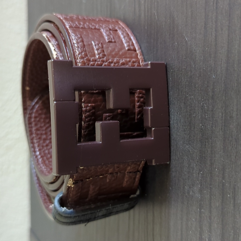FENDI Belt Brown Leather FF Logo Pattern Made in Italy